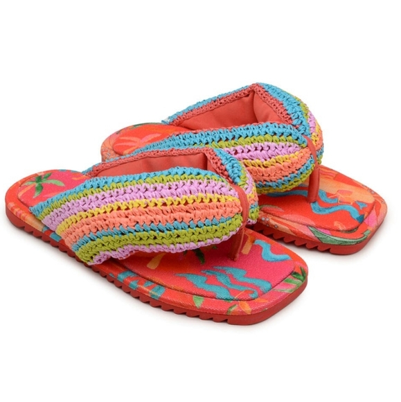 Farm Rio Shoes New Farm Rio Toucan Puffy Fluffy Crochet Flip Flops Sandals Red - Picture 1 of 6